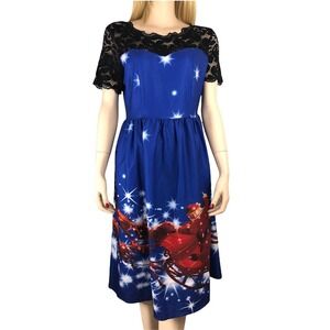 Santa & Reindeer Blue Christmas Dress Women's Size Medium Black Lace Fit & Flare